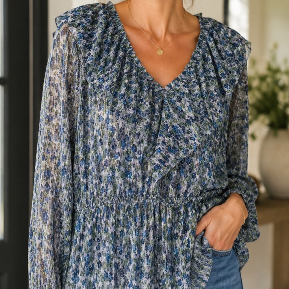 INC Ruffled V-Neck Floral Blouse - Green Mix 2X